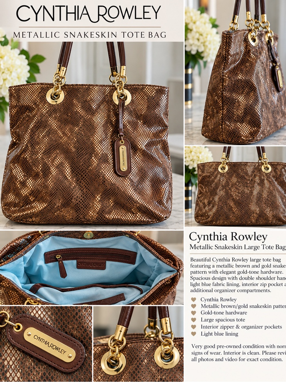 Cynthia Rowley Metallic Brown Snakeskin Tote with Gold Hardware